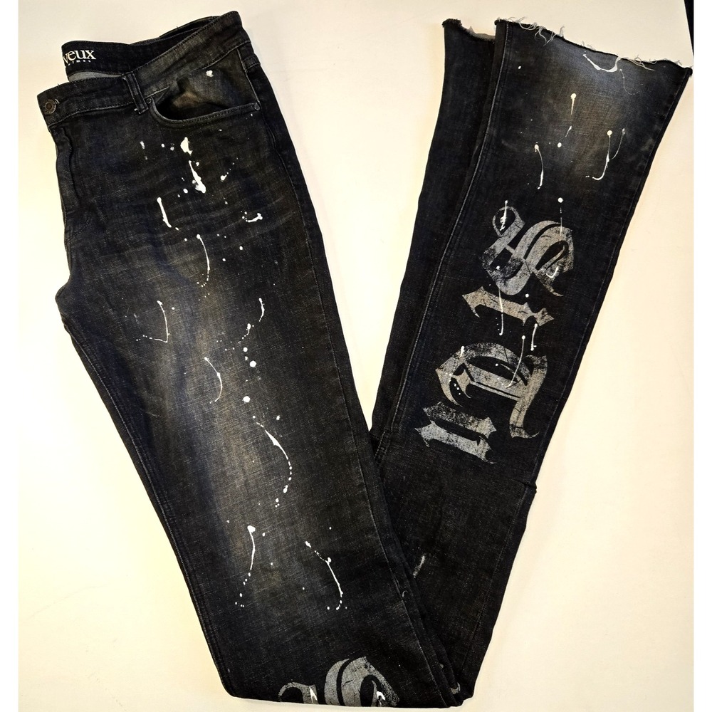 Si Tu Veux Serge Stacker Denims Comfort Stretch Black Distress Graphic Print 40"
